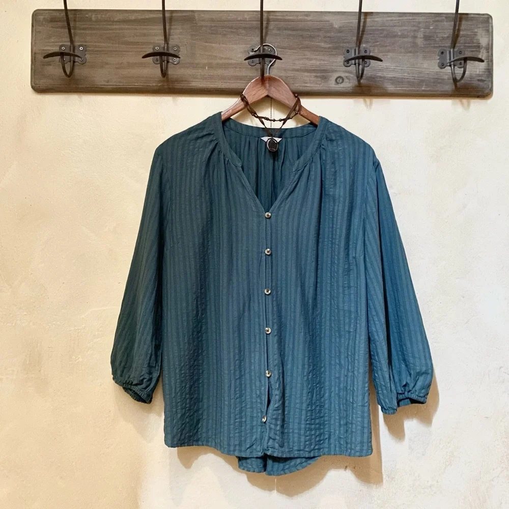 πͺΆ3/$35 SONOMA Embroidered Teal Green Button-Down Poof Sleeve Blouse-XL - Picture 2 of 16